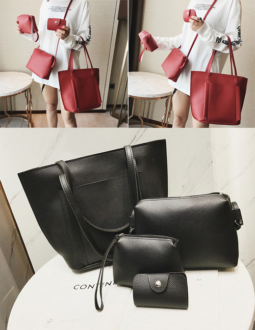 Fashion Black Pure Color Decorated Shoulder Bag(4pcs)