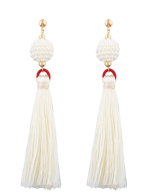 Fashion White Tassel&bead Decorated Simple Earrings