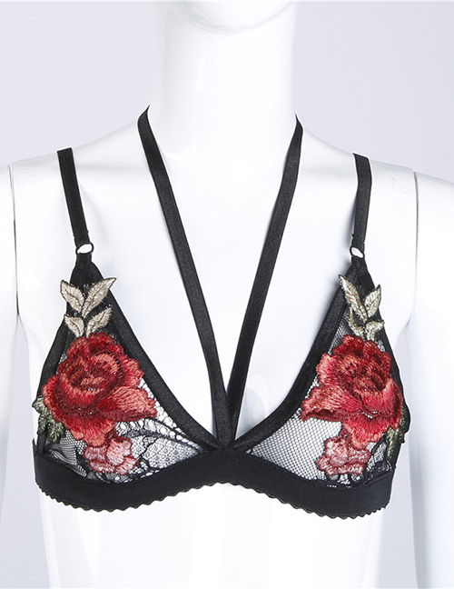 Sexy Black Embroidered Fabric Decorated Bra