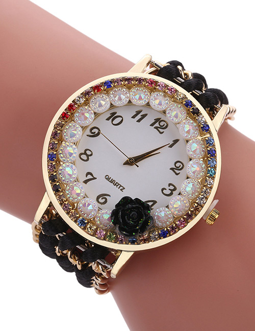 Fashion Black Diamond Decorated Flower Shape Pure Color Watch