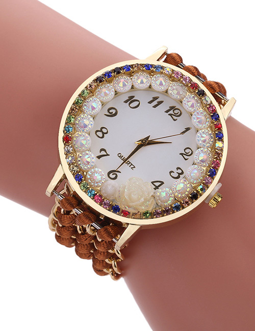 Fashion Brown Diamond Decorated Flower Shape Pure Color Watch