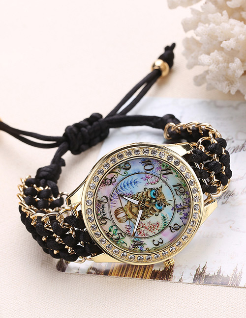 Fashion Black Owl Pattern Decorated Pure Color Watch