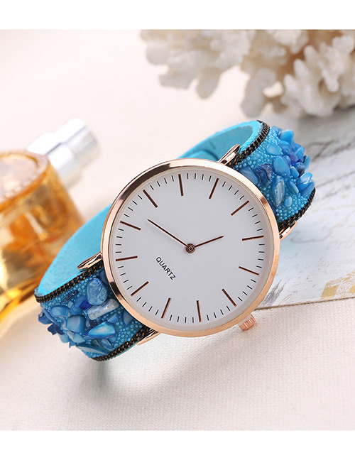 Fashion Blue Round Dail Decorated Pure Color Watch