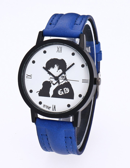 Fashion Blue Gd Pattern Decorated Pure Color Watch