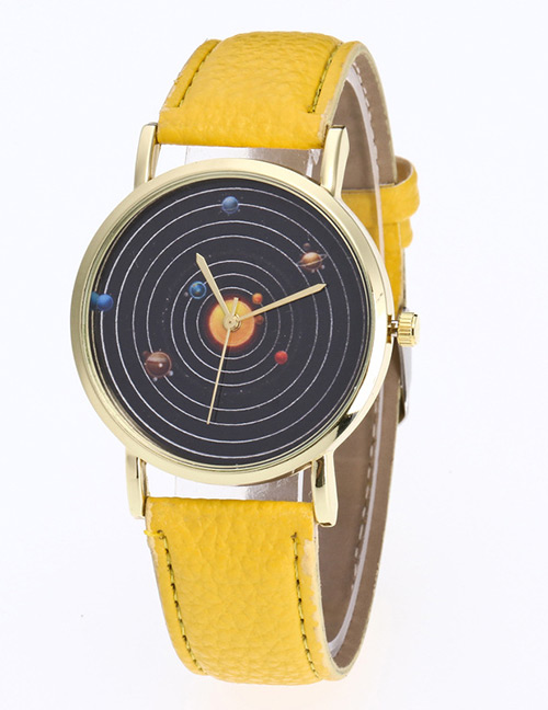 Fashion Yellow Planet Pattern Decorated Pure Color Watch
