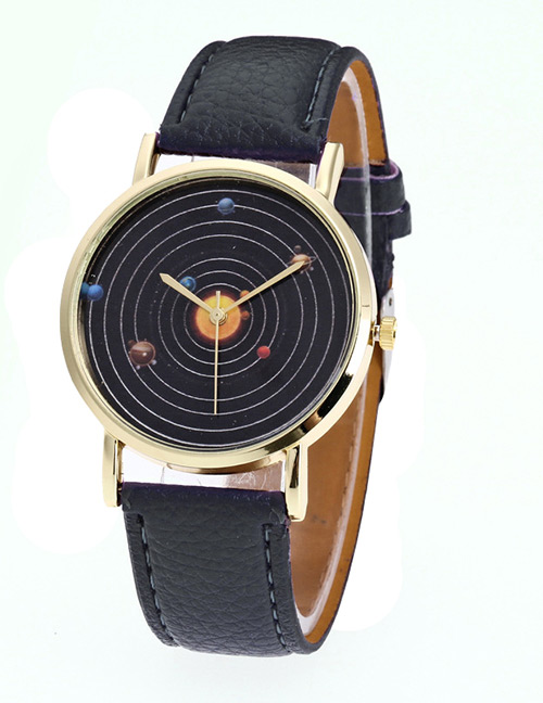 Fashion Black Planet Pattern Decorated Pure Color Watch