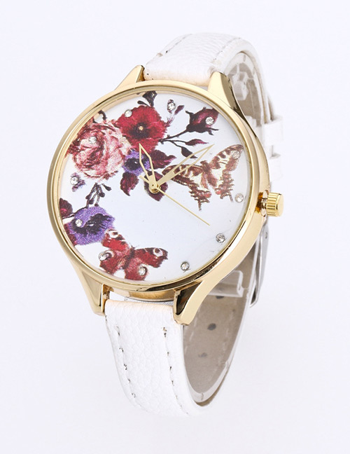 Fashion White Butterfly&flower Pattern Decorated Pure Color Watch