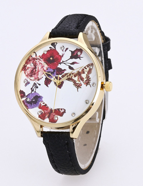 Fashion Black Butterfly&flower Pattern Decorated Pure Color Watch