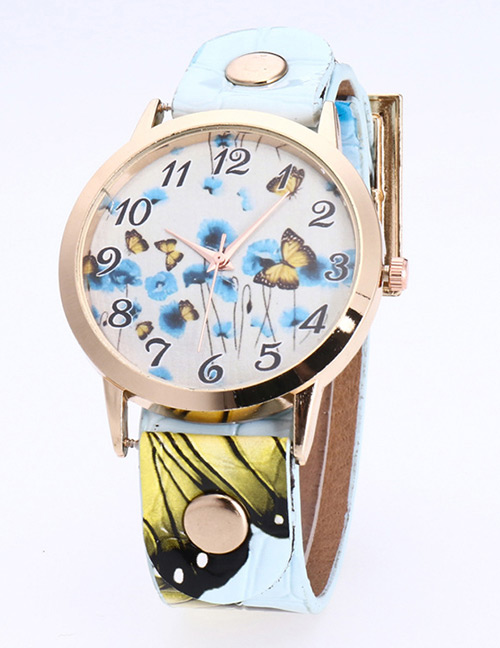 Fashion Blue Rivet Decorated Printing Butterfly Pattern Simple Watch