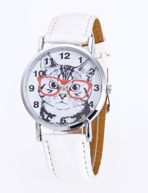 Fashion White Cat Pattern Decorated Round Dail Pure Color Watch
