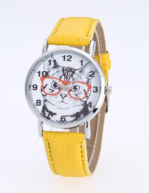Fashion Yellow Cat Pattern Decorated Round Dail Pure Color Watch