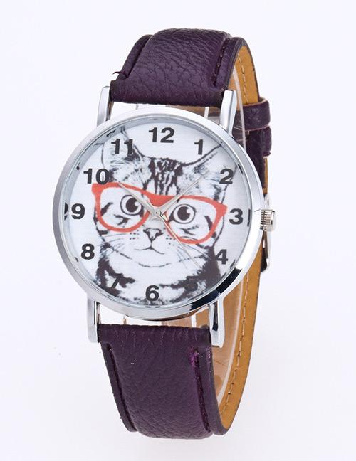 Fashion Purple Cat Pattern Decorated Round Dail Pure Color Watch