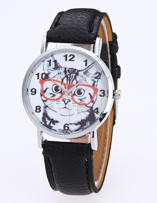 Fashion Black Cat Pattern Decorated Round Dail Pure Color Watch