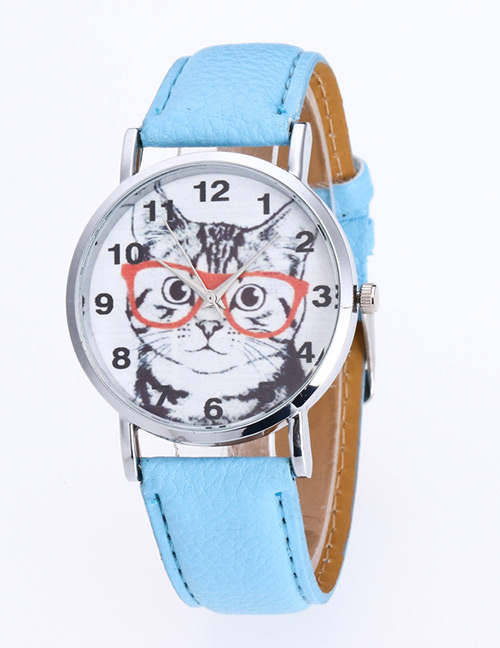 Fashion Sky Blue Cat Pattern Decorated Round Dail Pure Color Watch
