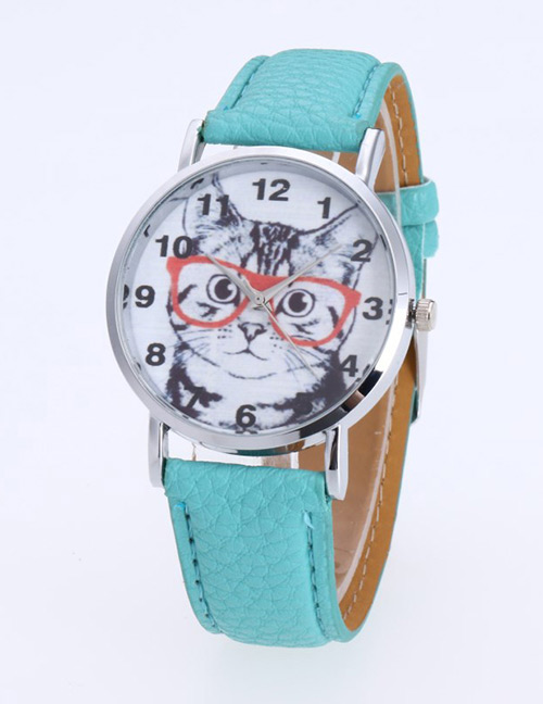 Fashion Green Cat Pattern Decorated Round Dail Pure Color Watch