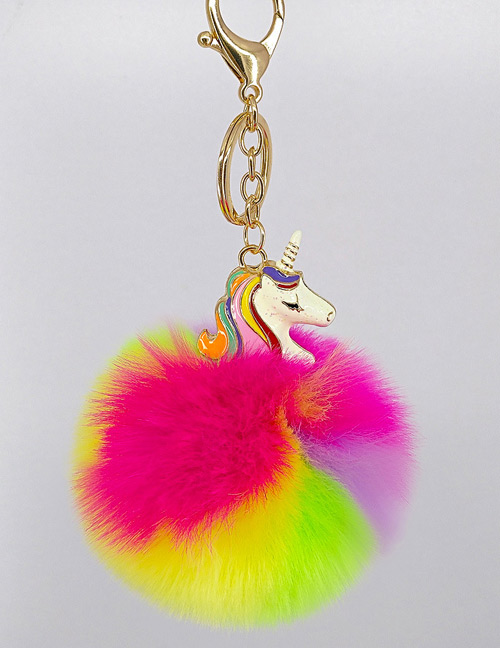 Fashion Plum Red+Yellow Unicorn&fuzzy Ball Decorated Simple Key Chian