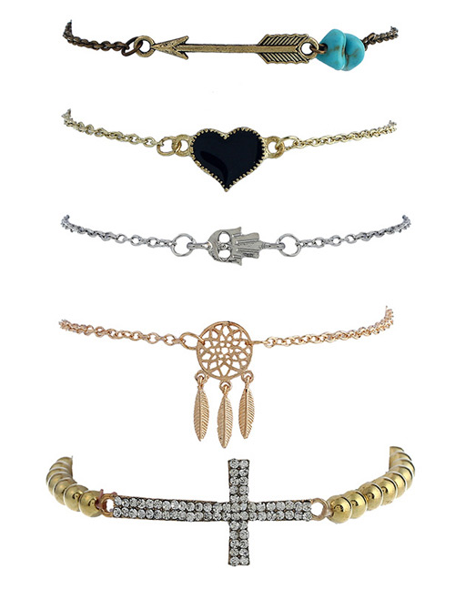 Trendy Gold Color Cross&heart Shape Decorated Simple Bracelet(5pcs)