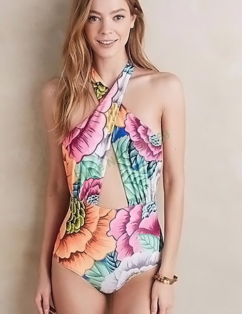 Sexy Multi-color Flower Pattern Decorated Simple Bikini