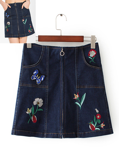 Fashion Blue Embroidery Decorated Skirt