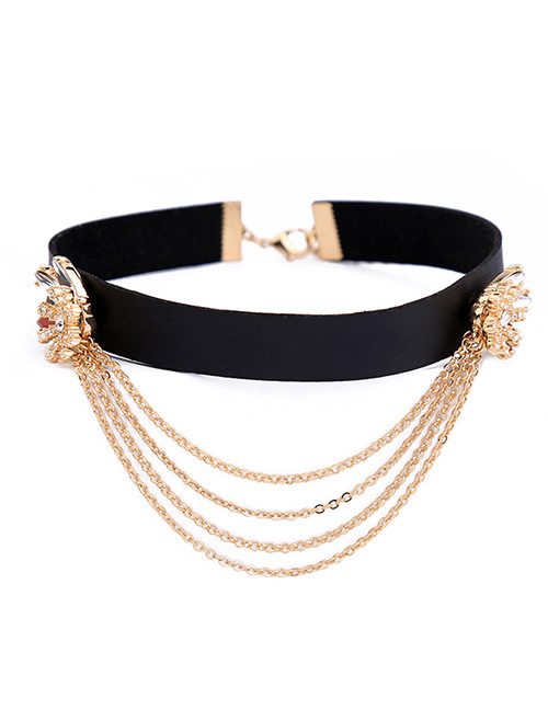 Vintage Black+gold Color Metal Chain Decorated Choker