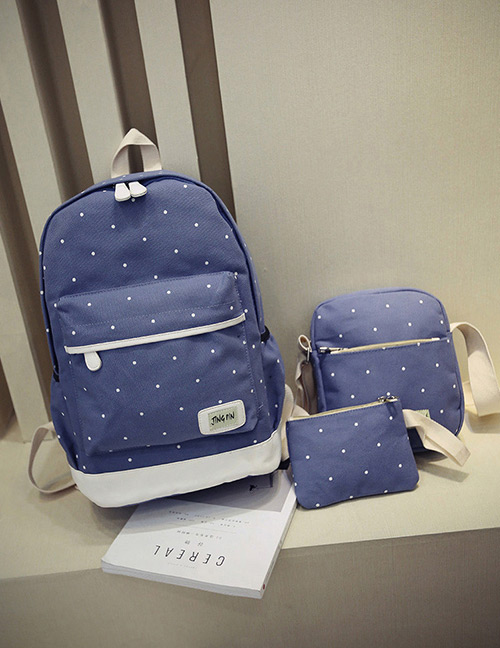Fashion Light Blue Dot Shape Decorated Backpack (3pcs)