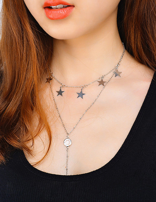 Vintage Silver Color Star Shape Decorated Double Layer Choker