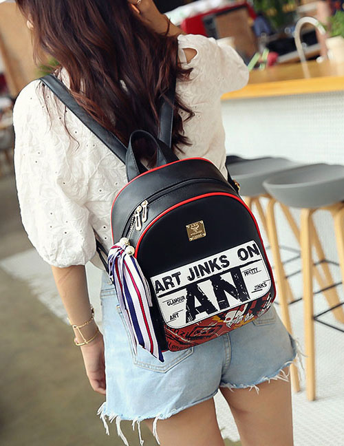 Fashion Black Letter Pattern Decorated Simple Backpack