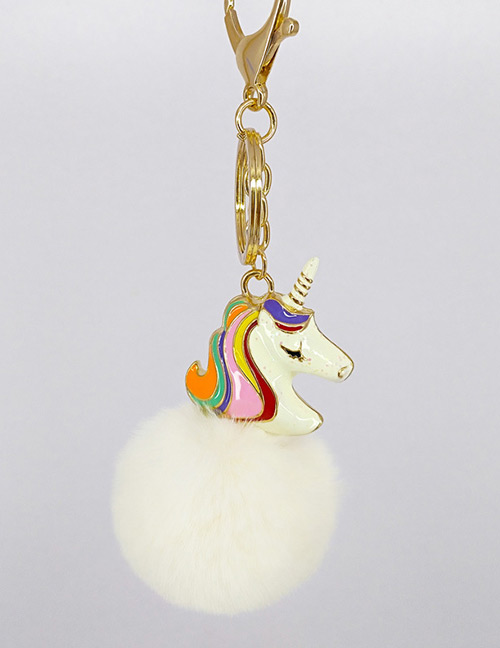 Fashion Whtie Unicorn&fuzzy Ball Decorated Simple Key Chain