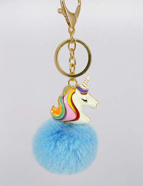 Fashion Blue Unicorn&fuzzy Ball Decorated Simple Key Chain
