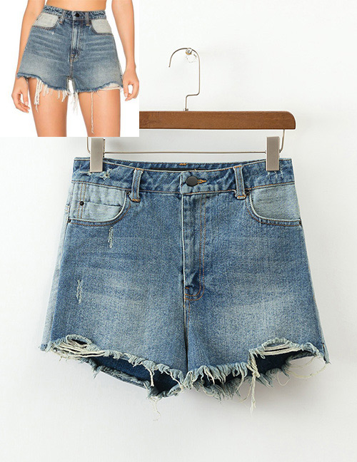 Trendy Blue Tassel Decorated Pure Color Shorts