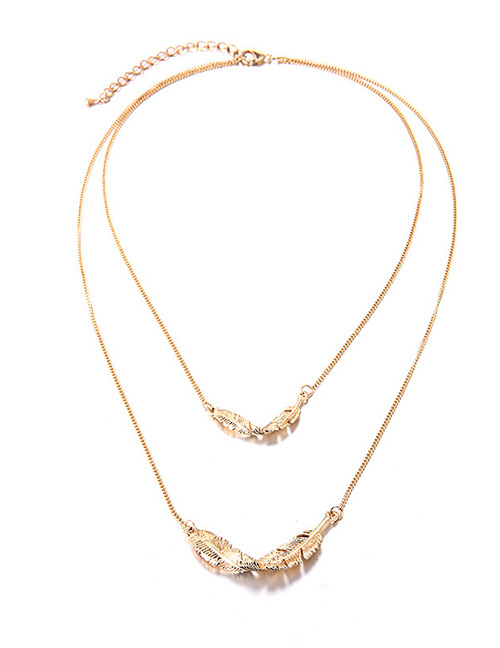 Fashion Gold Color Leaf Decorated Double Layer Necklace