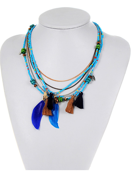 Bohemia Blue Feather Shape Decorated Multilayer Necklace