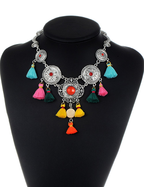 Vintage Multicolor Metal Round Shape Decorated Tassel Necklace