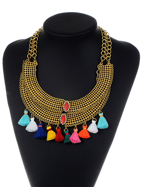 Retro Gold Color Hollow Out Decorated Tassel Double Layer Necklace