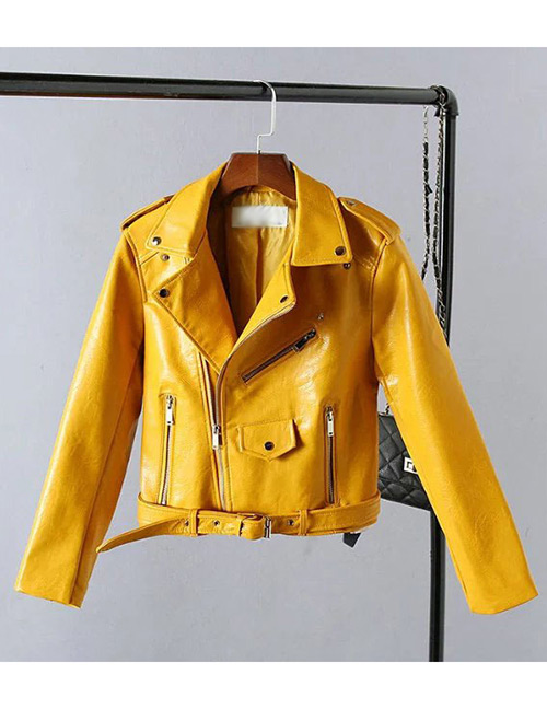 Fashion Yellow Belt Decorated Short Jacket