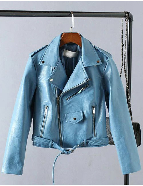 Fashion Blue Belt Decorated Short Jacket