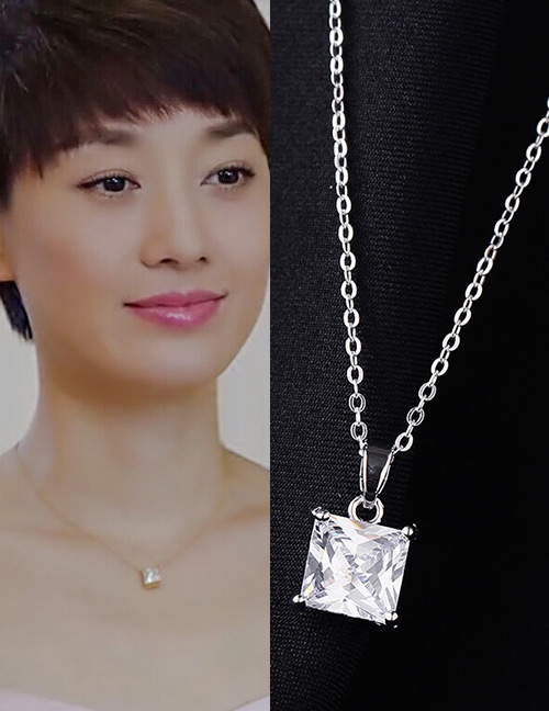 Fashion Silver Color Square Shape Diamnond Decorated Necklace