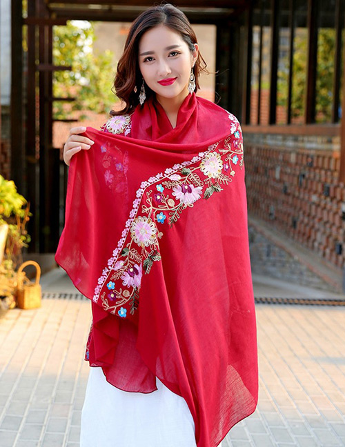 Fashion Red Embroidery Flower Decorated Scarf