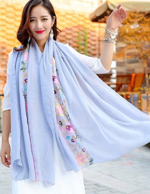 Fashion Light Gray Embroidery Flower Decorated Scarf