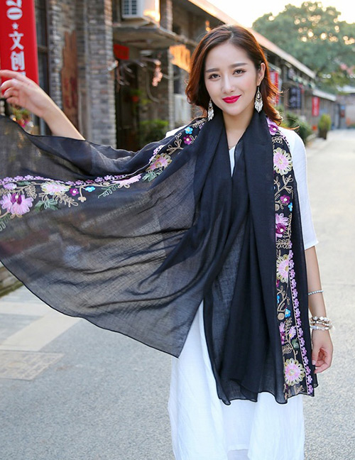 Fashion Black Embroidery Flower Decorated Scarf