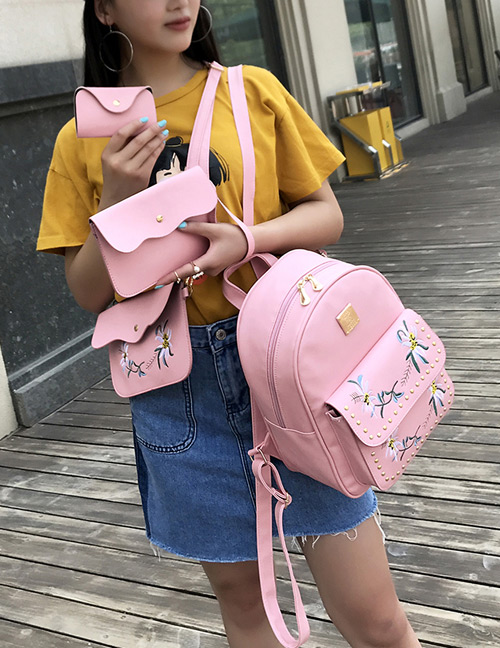Fashion Pink Rivet Decorated Flower Pattern Backpack (4 Pcs )