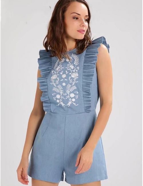 Fashion Blue Flower Shape Decorated Jumpsuit