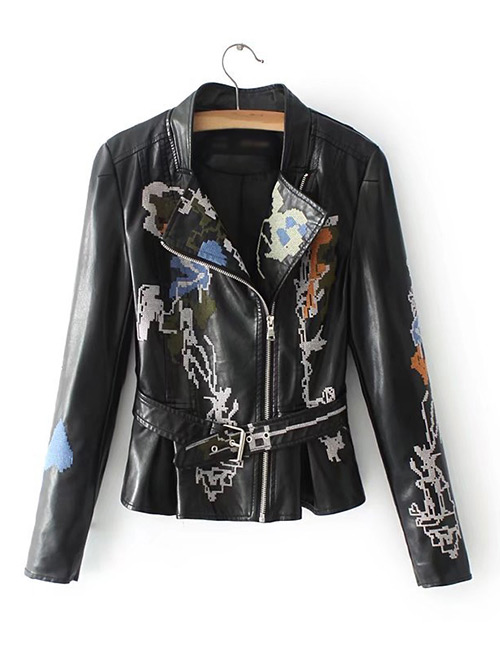 Fashion Black Flower Pattern Decorated Jacket