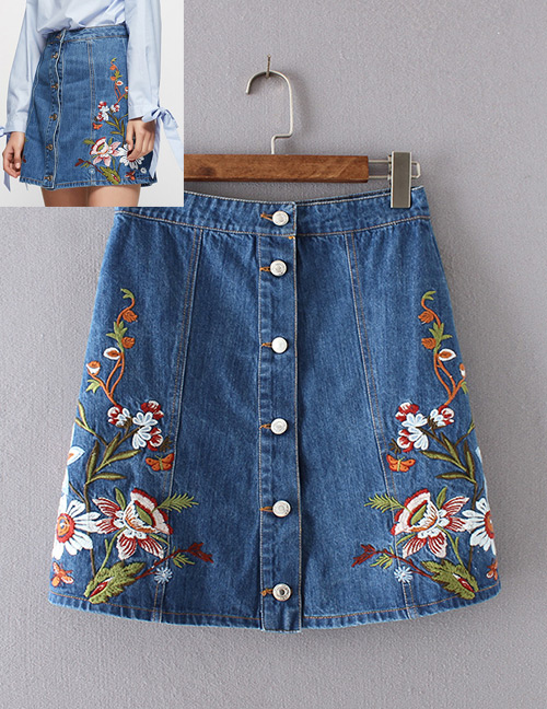 Fashion Blue Embroidery Flower Decorated Skirt