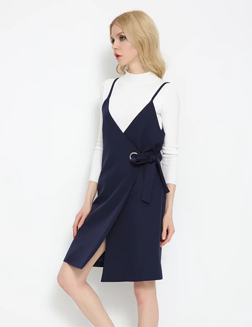 Trendy Navy V Neckline Design Pure Color Irregular Shape Dress