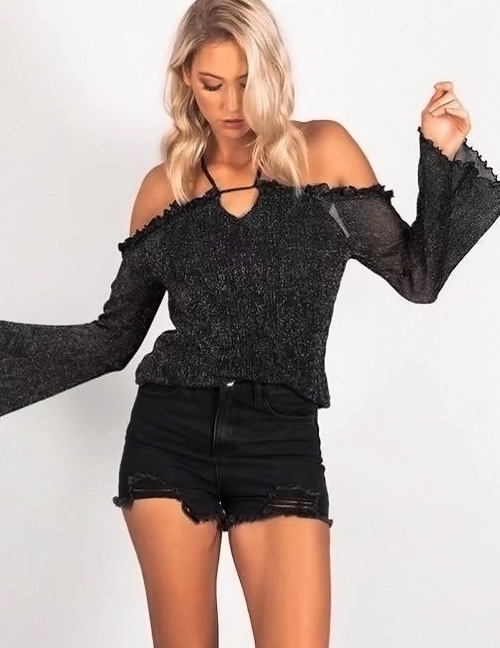 Trendy Black Pure Color Decorated Long Sleeves Blouse