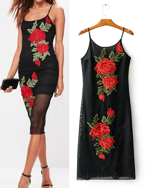 Fashion Black Flower Decorated Suspender Dress
