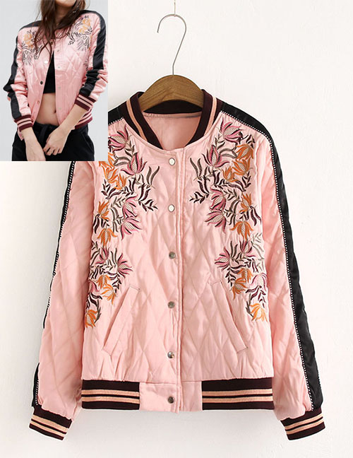Fashion Pink Embroidery Flower Decorated Long Sleeves Coat