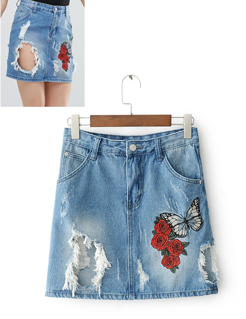 Fashion Blue Butterfly&rose Decorated Simple Skirt