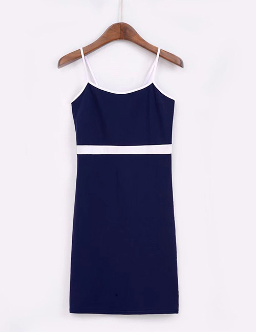 Trendy Navy Pure Color Decorated Packing Hip Suspender Dress
